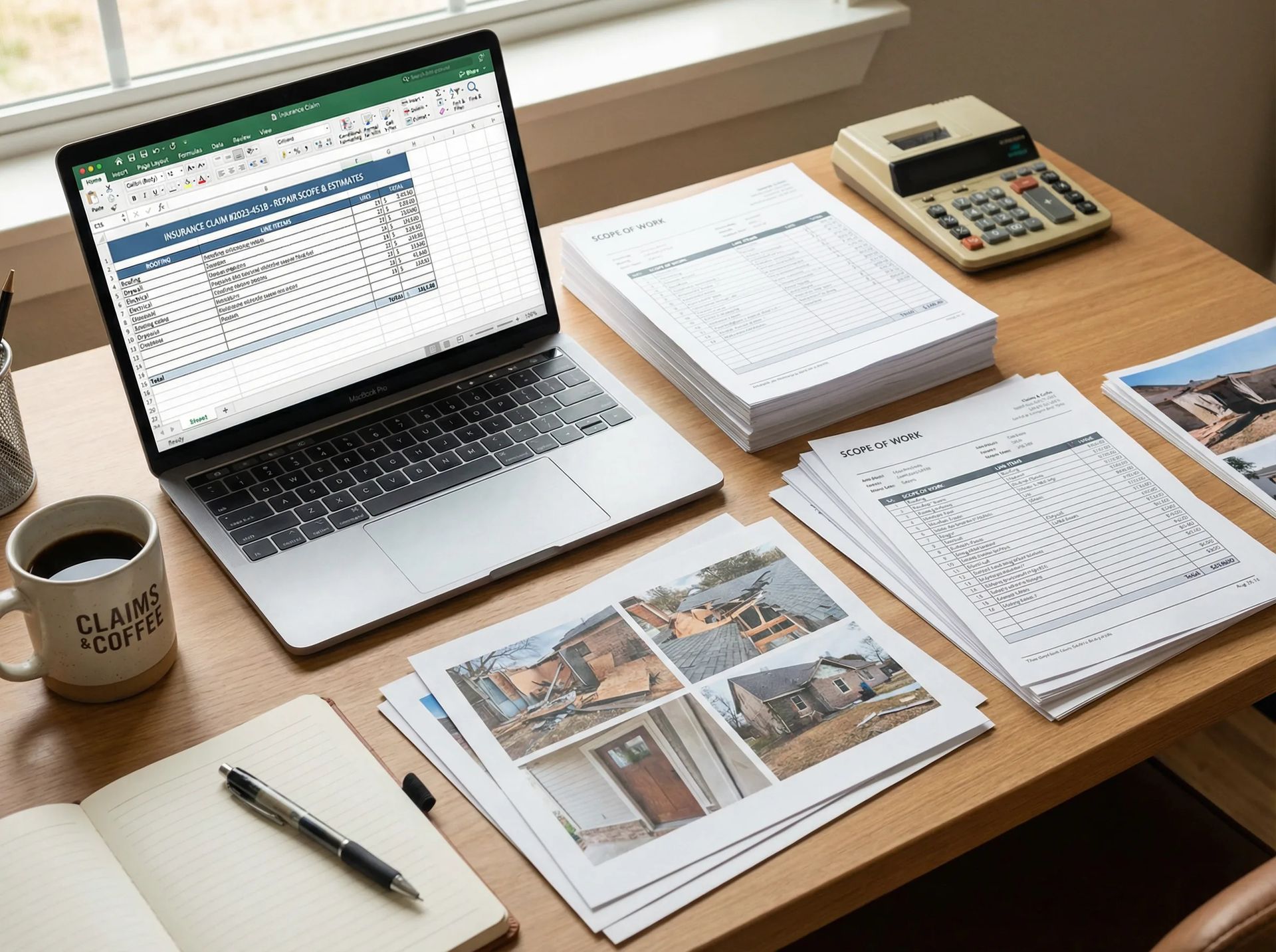 Insurance claim documentation workspace with scope of work documents, construction photos, and estimate spreadsheet