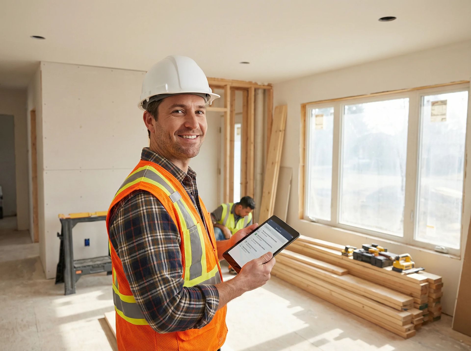 Contractor reviewing reconstruction checklist on tablet at active job site