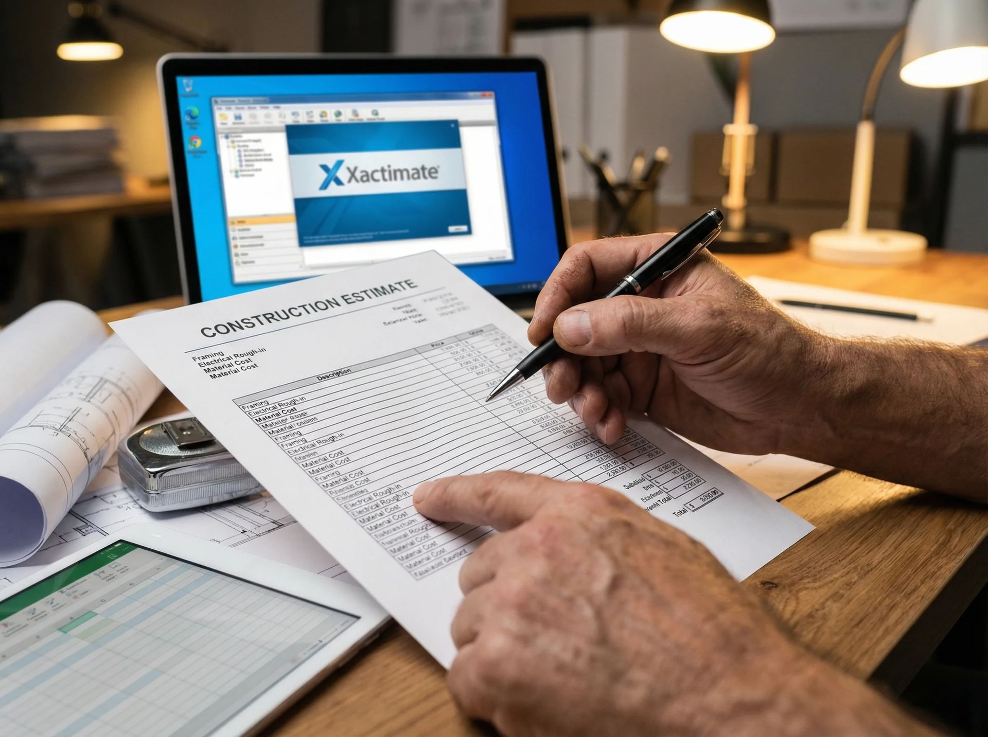 Contractor reviewing Xactimate construction estimate with detailed line items and pricing